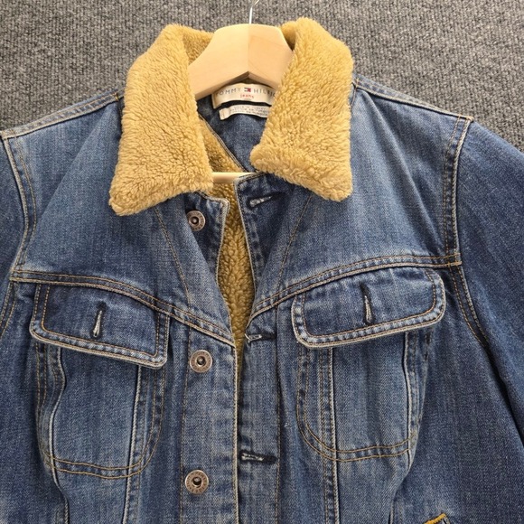 Tommy Hilfiger Vintage Style Sherpa Denim Jacket Women M Blue Trucker Turkey 90s - Picture 7 of 14